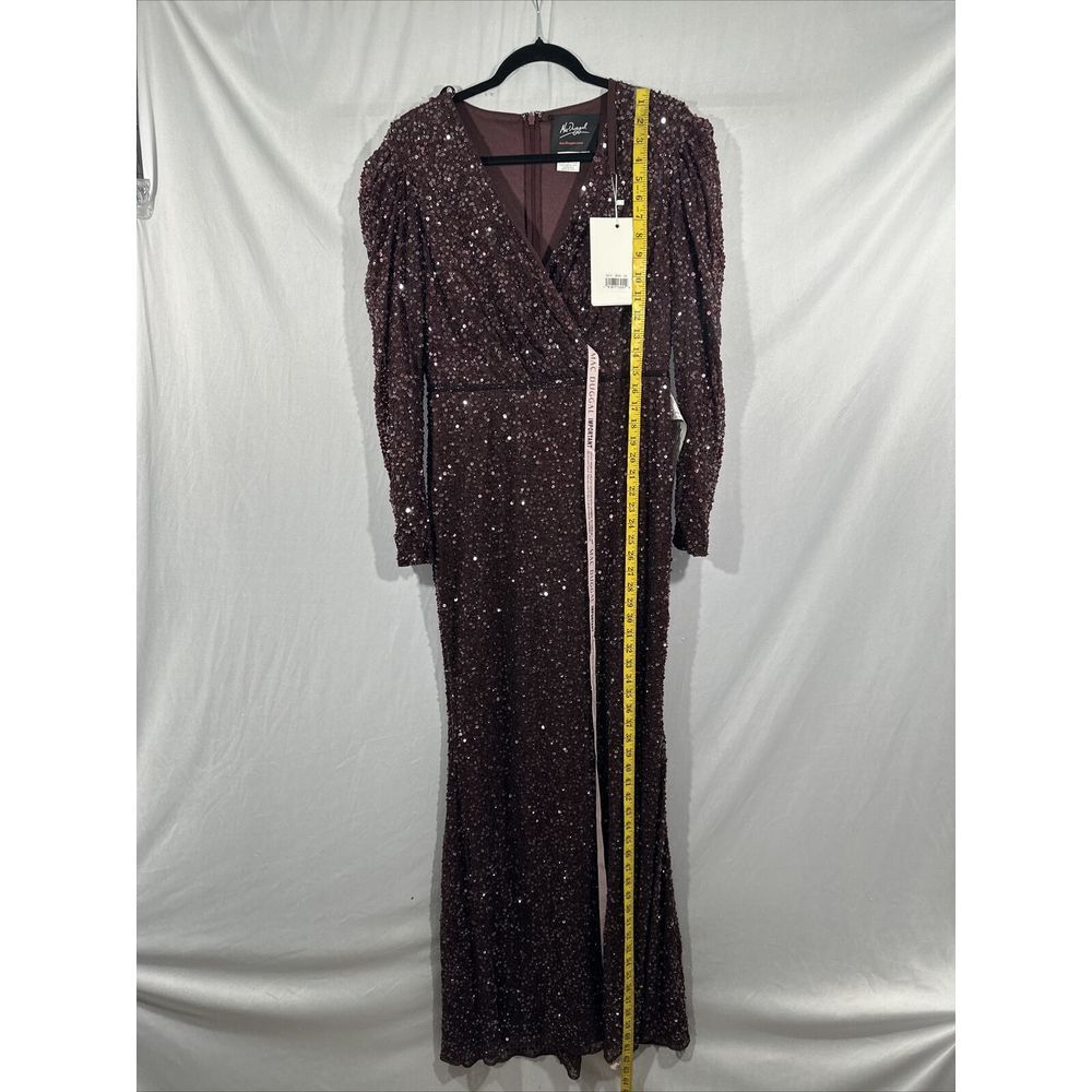 NWT Mac Duggal [ 10 ] V Neck Puff Shoulder Sequined Surplice Gown Mahogany J250‎ - Picture 8 of 15